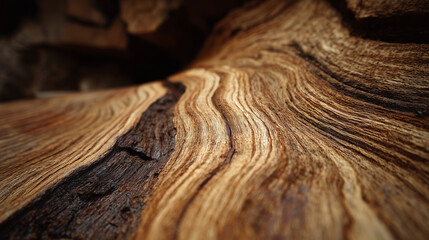Madera con vetas onduladas en tonos marrones claros y oscuros, resaltando contraste natural, estructura fibrosa belleza orgánica para diseño, carpintería o estudio de materiales vegetales. Carpintero © noiteterna