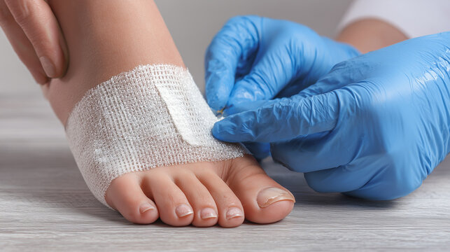 Close-up of a podologist applying bandage to a treated toe