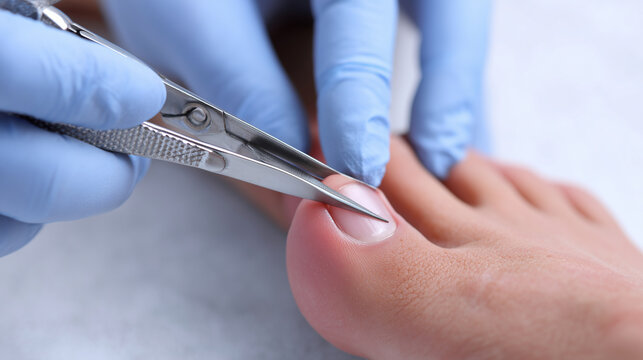 Detailed view of a podologist trimming ingrown toenails with precision scissors