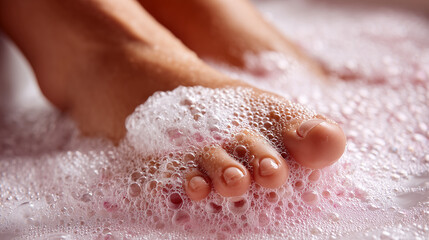 Fototapeta premium Close-up of a foot soak in warm water with bubbles before treatment