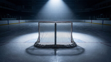 Hockey net illuminated on ice rink with dramatic lighting and shadows. Empty hockey net stands on slick ice surface with spotlight creating dramatic ambiance.
