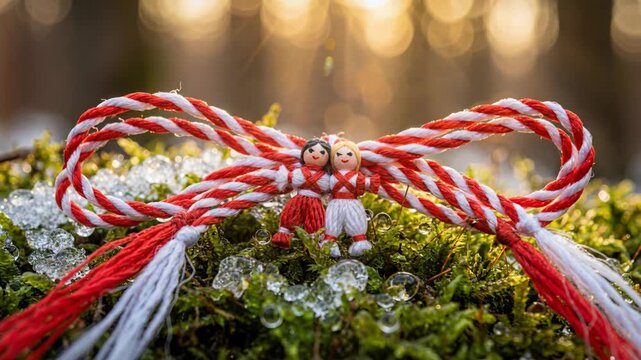Red and white braided ribbon decoration with small figures on frosty moss surface. Traditional ornament in natural winter setting. Folk art concept for seasonal celebrations.