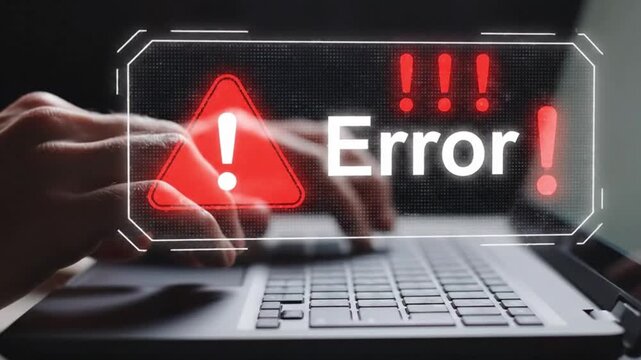 Error message on digital screen with warning sign and exclamation marks