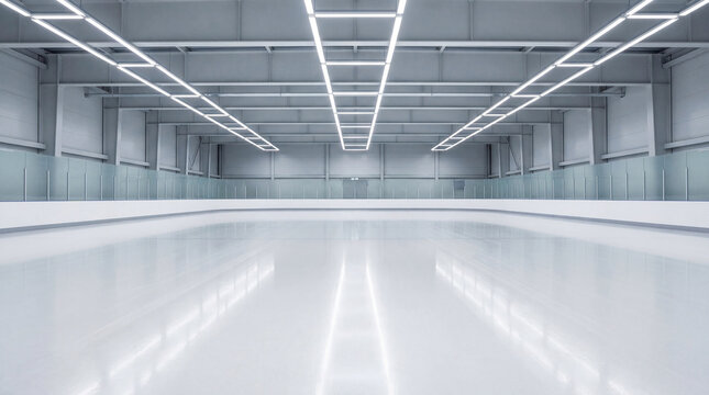 Empty ice rink with smooth reflective surface and bright LED lights overhead creating spacious atmosphere. Ice rink features minimalist design with bright lighting emphasizing clarity and openness.