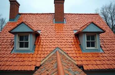 Orange clay tiles cover a restored historic house roof. Dormer windows and brick chimney are visible. Building exterior shows careful preservation work on heritage structure.