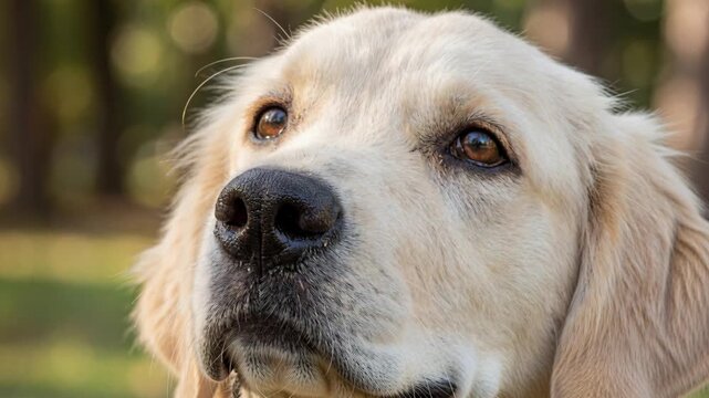 Golden retriever dog in outdoor park setting. Close-up sequence of canine face transitioning from relaxed sleepy eyes to alert gaze. Photorealistic pet animation concept for animal video clips