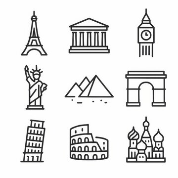 Famous Landmarks Icon Set. Minimalist Line Style