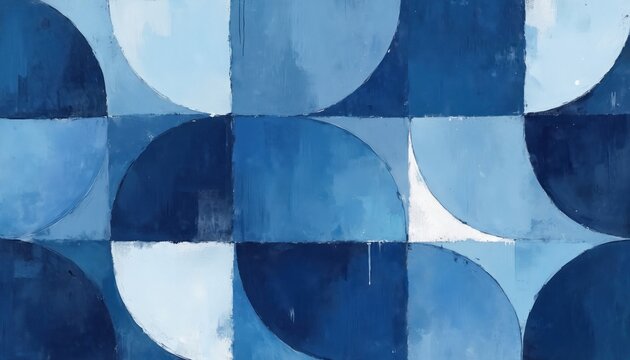 Abstract mosaic of blue circles and squares. Geometric shapes with painterly texture in shades of navy, royal, and sky blue. Modern art backdrop for web or print.