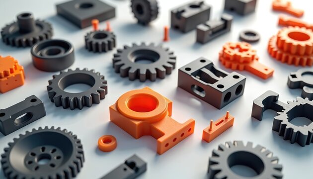 Collection of 3D printed parts and gears. Various components show complex shapes and designs for industrial use. Orange and grey prototypes arranged neatly on a clean surface.