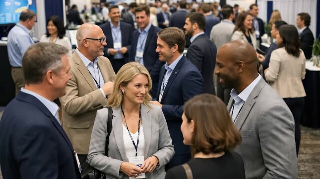 Group of business professionals engaged in conversation at a conference, with diverse attendees interacting in a bustling exhibition hall filled with booths and networking opportunities