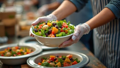 Fototapeta premium Person in gloves serves fresh salad from bowl to plate. Healthy food portion offered at outdoor event or shelter. Colorful ingredients prepared with care for community meal.