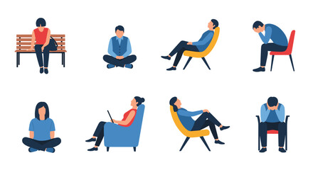Diverse individuals in various sitting postures on benches, chairs, and floor, expressing different moods, isolated