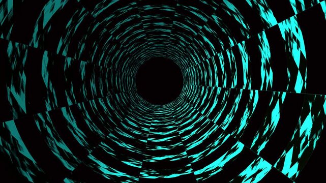 A digital tunnel of intricate pattern and texture recedes into abstraction. A seamless motion design background.
