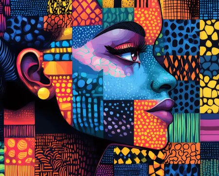 Abstract artwork portraying a woman's face in profile, with vibrant colors and rich cultural patterns creating an expressive, diverse mosaic