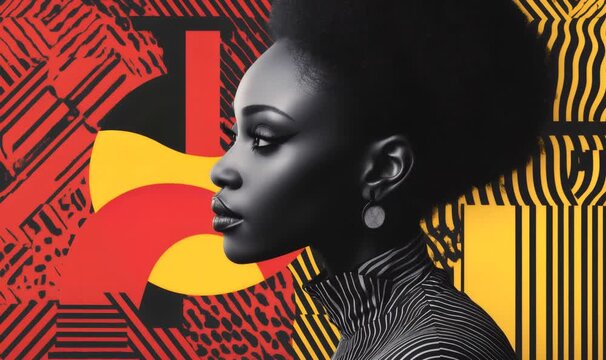 African woman in profile with afro hairstyle standing against a vibrant abstract background featuring red, yellow and black patterns