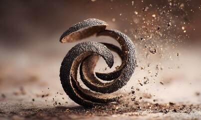 Conceptual spiral peel with dynamic flying particles, showcasing intricate texture and motion in a close-up, dramatic lighting, 4k detail.