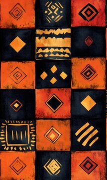 African inspired patterns arranged in a grid of orange and dark squares, forming a vibrant cultural background texture