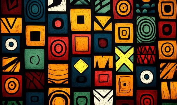 Abstract ethnic pattern background displaying colorful squares with various traditional african motifs and geometric symbols for decoration