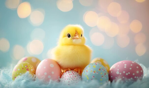 Fluffy yellow chick representing new life and spring holidays, surrounded by pastel decorated easter eggs on a soft blue background