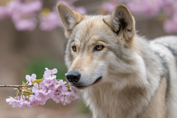 Obraz premium Gray wolf sniffing pink cherry blossoms in tranquil spring setting