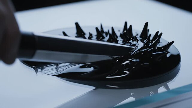 Macro shot of black ferrofluid reacting to a magnetic rod forming sharp spikes and abstract patterns on a white surface