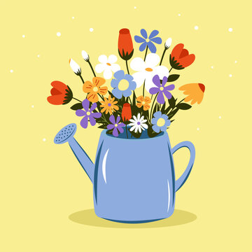 Illustration design of flowers in a watering can. Bright flowers in a blue watering can. Floral arrangement. A bouquet of wildflowers in a watering can with water. Spring design