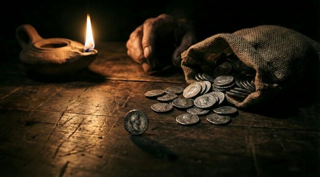 Thirty pieces of silver spilling from burlap sack with ancient oil lamp, biblical concept of Judas betrayal, AI generated