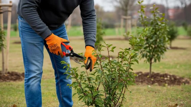 Person pruning green shrub with garden shear. Landscaping, gardening, and plant care for property maintenance concept.