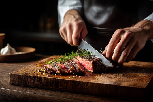 A chef slicing a perfectly cooked steak with a sharp knife on a wooden carving board.