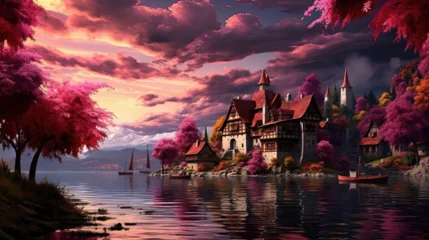 Fototapete Purpur Fantasy Castle by Lake with Pink Trees and Dramatic Sky  © Johnny