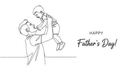 Obraz premium Happy Father's Day! A beautiful one line art illustration of a father holding his son in continuous drawing. A heartwarming moment captured in a single line