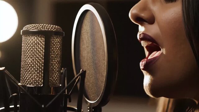 Close up of woman speaking into professional studio microphone with pop filter.