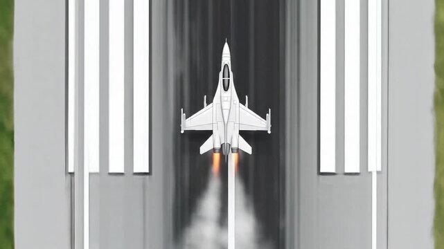 Jet fighter taking off from runway aerial view illustration
