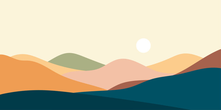 Minimalist Abstract Landscape Vector Background with Rolling Hills Sun and Mountains in Earthy Tones