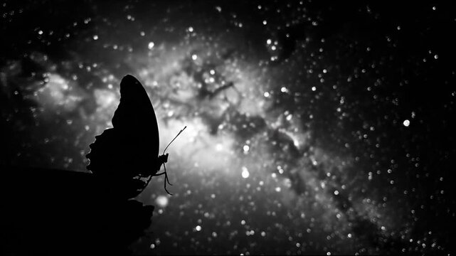 A silhouette of a butterfly against a backdrop of a starry night sky, rendered in black and white