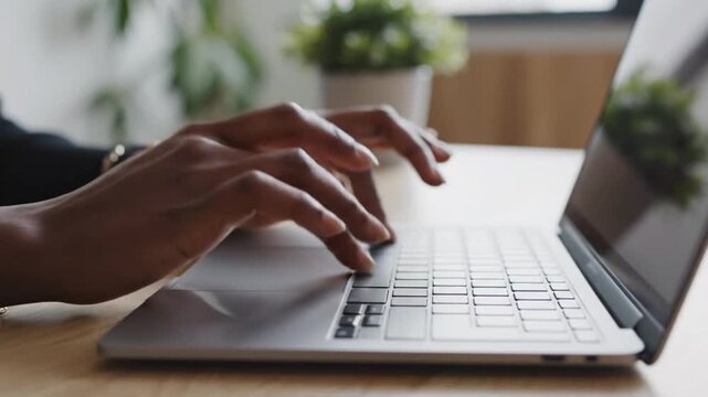 Digital Interaction: Hands skillfully navigating a modern laptop keyboard, fingers dancing across the keys, embodying the seamless connection between human intellect and digital technology.