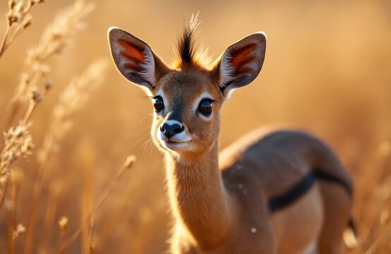 Tiny dik dik antelope gazes with big eyes from dry grass field. Small mammal looks cute and curious in warm sunlight. Wild fauna in natural habitat.