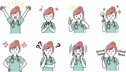 Naklejka premium Female medical professional character expression set with eight different emotions including joy anger confusion and inspiration for healthcare