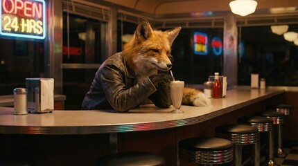 Fototapeta premium Fox in leather jacket sitting at diner counter drinking milkshake. Anthropomorphic animal character at retro restaurant for narrative.