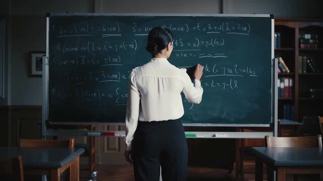 Professor writing complex mathematical equations on chalkboard in university library. Lockdown wide shot.