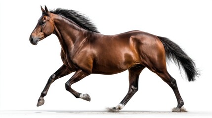 Obraz premium Graceful brown horse galloping on isolated white background.