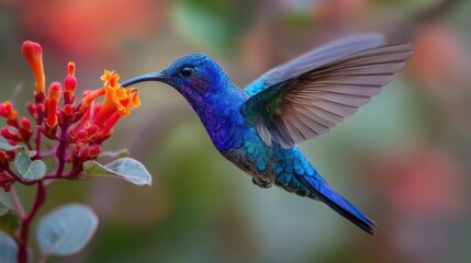 Fototapeta premium Vibrant hummingbird sipping nectar from bright flowers.