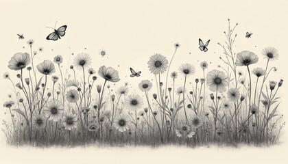 Obraz premium Monochrome pencil sketch shows diverse wildflowers with butterflies and insects in a meadow. Delicate petals and thin stems create an airy feel perfect for nature themes.