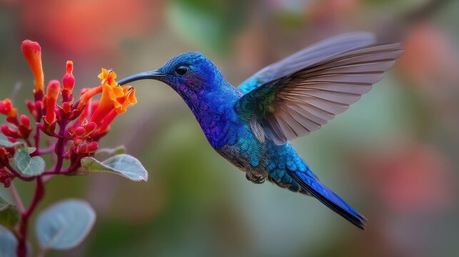 Vibrant hummingbird sipping nectar from bright flowers.