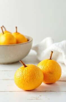 Ripe yellow santol fruit piled in bowl. Two whole santols sit on white wooden table. Tropical fruit has rough skin and stem. Healthy food concept.