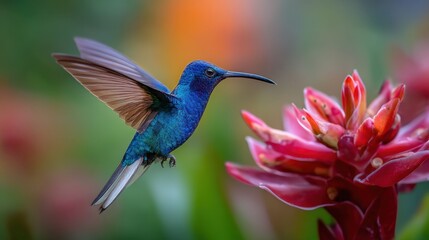 Fototapeta premium Vibrant blue hummingbird hovering by red tropical flower in lush garden.