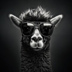 Obraz premium Alpaca with sunglasses on dark background creating a cool and humorous identity. Animal humanization concept for avatar or advertisement.