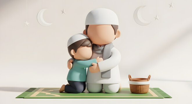 Adorable 3D render of a Muslim father and son hugging on a prayer mat. Perfect for Eid al-Fitr, Ramadan, or Islamic family celebrations.