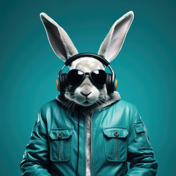 Humanized rabbit in sunglasses and headphone. Modern animal wearing a jacket for social media avatar or profile picture. Funny pet portrait.