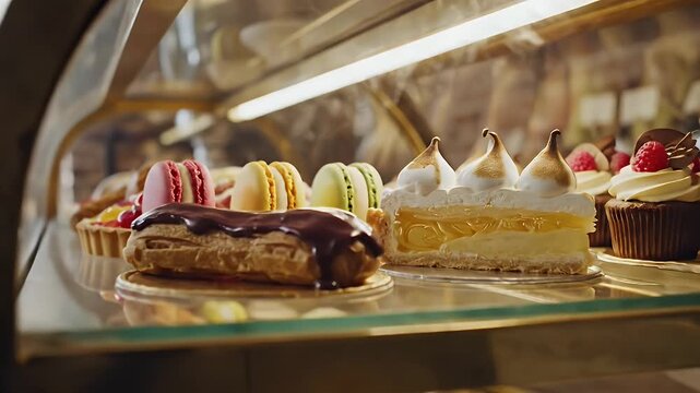 Sunlit Rustic Bakery Display with Pastries, Croissants, Cakes and Wooden Shelves